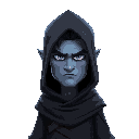 a warrior in a baggy black cloak, like strider from lord of the rings. dark fantasy setting. lightish blue skin. foreboding, purple eyes. mature, tall, frowning. they are not young or frail looking.