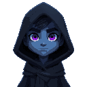 dark character in a cloak. light blue skin. face in shadow under the cloak hood except for glowing purple eyes and his mouth and chin. wanderer. warrior. the cloak covers all but his legs.