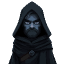 a warrior in a baggy black cloak, like strider from lord of the rings. dark fantasy setting. lightish blue skin. foreboding, purple eyes. mature, tall, frowning. they are not young or frail looking.