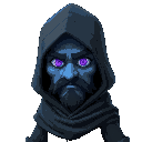 grizzled dark character in a cloak. light blue skin. face in shadow under the cloak hood except for glowing purple eyes and his mouth and chin. wanderer. warrior. the cloak covers all but his legs.