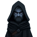 a warrior in a baggy black cloak, like strider from lord of the rings. dark fantasy setting. lightish blue skin. foreboding, purple eyes. mature, tall, frowning. they are not young or frail looking.