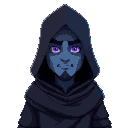 adult in a cloak. light blue skin. face in shadow under the cloak hood except for glowing purple eyes and his mouth and chin. wanderer. warrior. the cloak covers all but his legs.
