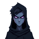 a man in a black cloak. dark fantasy setting. lightish blue skin. angry, glowing purple eyes. inspired by the protagonist, shadow, in the anime, eminence in shadow. age 30, a bit grizzled. faint aura.