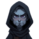 a warrior in a baggy black cloak, like strider from lord of the rings. dark fantasy setting. lightish blue skin. foreboding, purple eyes. mature, tall, frowning. they are not young or frail looking.