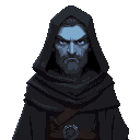 a warrior in a baggy black cloak, like strider from lord of the rings. dark fantasy setting. lightish blue skin. foreboding, purple eyes. mature, tall, frowning. they are not young or frail looking.