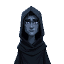 a man in a baggy black cloak, like strider from lord of the rings. dark fantasy setting. lightish blue skin. foreboding, unhappy, purple eyes. age 30, mature, tall. faint blue aura.