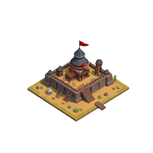 génère moi une image d'un jeu vidéo imaginé en 16:9.&nbsp;    ce jeu sera basé sur le même concept que fortress survival (warcraft 3) mais dans une thématique ressemblant au 13th warrior.    le jeu doit être en 2d top down.    je veux que tu me proposes un sty
