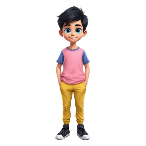 20 year old boy, black hair, blue eyes, blue clothes, light pink t-shirt yellow pants. black puma the boy is caucasian