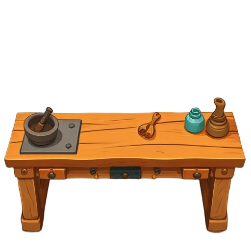 a wide alchemy workbench seen directly from a top-down perspective, designed as a central game interface asset. the workbench is made of sturdy, warm-toned wood and neatly organized into clear sections:  on the left, designated areas with outlines for a m