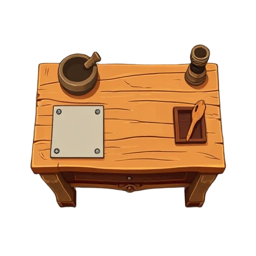 a wide alchemy workbench seen directly from a top-down perspective, designed as a central game interface asset. the workbench is made of sturdy, warm-toned wood and neatly organized into clear sections:  on the left, designated areas with outlines for a m