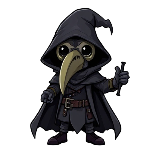plague doctor, with mask with beak and cape, darkest dungeon art