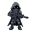 cloaked robot character with a large rifle
