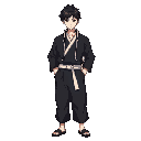 male standing idle wearing a dark-colored, gakuran-style black colored jacket with a white-framed collar, paired with hakama black colored pants. a white belt is worn around the waist.