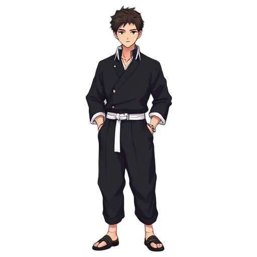 male standing idle wearing a dark-colored, gakuran-style black colored jacket with a white-framed collar, paired with hakama black colored pants. a white belt is worn around the waist.