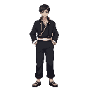 male standing idle wearing a dark-colored, gakuran-style black colored jacket with a white-framed collar, paired with hakama black colored pants. a white belt is worn around the waist.