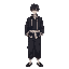 male standing idle wearing a dark-colored, gakuran-style black colored jacket with a white-framed collar, paired with hakama black colored pants. a white belt is worn around the waist.