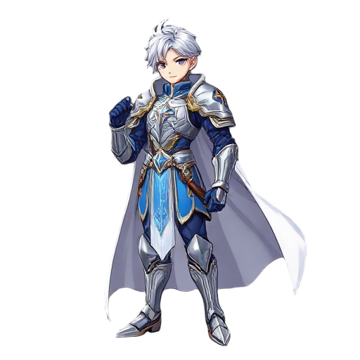 a strategic anime knight character standing confidently, wearing ornate silver and blue armor with elegant details, a long white cape flowing in the wind, and glowing symbols engraved on the armor. he has sharp eyes, short silver hair, and a calm but inte