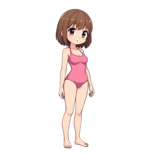 brown bob haircut female in pink swimsuit, anime artstyle, left side