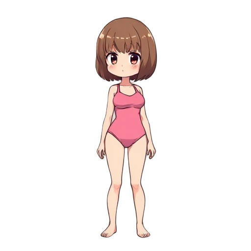 brown bob haircut female in pink swimsuit, anime artstyle, right side