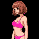 brown bob haircut female in pink swimsuit, anime artstyle, right side