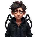 depressed man with medium length messy hair wearing a black jacket with 6 spider-like legs coming out of his back