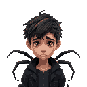depressed young man with medium length messy hair wearing a black jacket with 6 spider-like legs coming out of his back