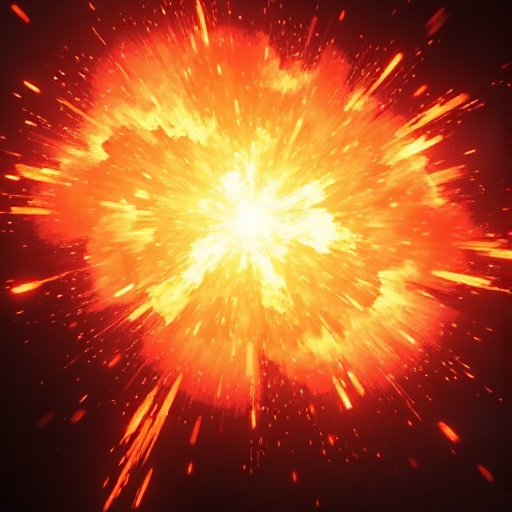 magical explosion effect, glowing orange and red energy, high impact burst, particles flying, cinematic light, anime vfx style, dark background, no character