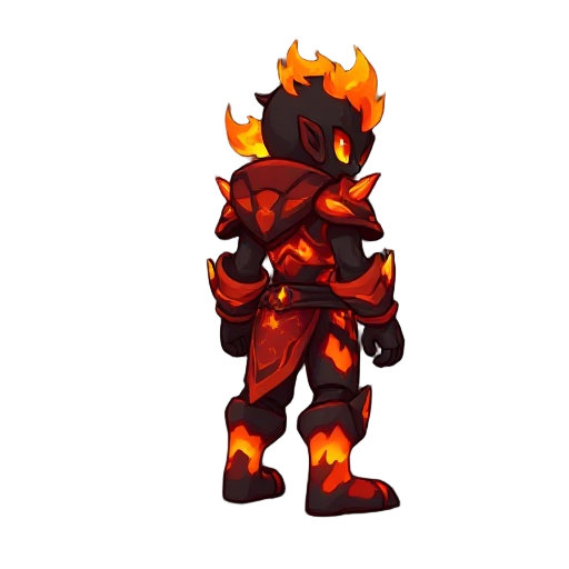 a 2d game character asset in idle pose, facing right. the character is in their fire form: a humanoid figure with glowing ember-like skin, as if molten cracks glow through their body. the character wears scorched armor with a lava texture, and glowing red
