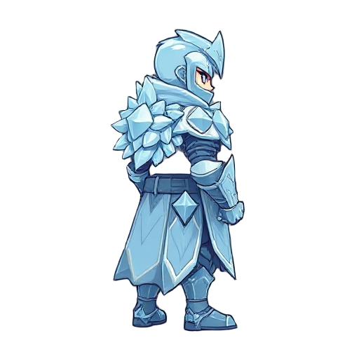 game character asset: a 2d side‑view sprite, facing right in a serene idle stance. standalone character only—no background or additional elements. this frost form transforms the warrior into a calm ice‑knight clad in crystalline armor, plates carved like 