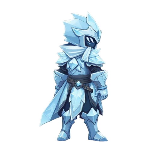 game character asset: a 2d side‑view sprite, facing right in a serene idle stance. standalone character only—no background or additional elements. this frost form transforms the warrior into a calm ice‑knight clad in crystalline armor, plates carved like 