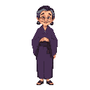 full body no background pixel elder sensei female 70 year old, smile. tall, purple clothes, black hair