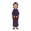 full body no background pixel elder sensei female 70 year old, big smile. tall, purple clothes, black hair