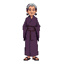 full body no background pixel elder sensei female 70 year old, smile. tall, purple clothes, black hair