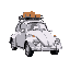 small cartoon car similar to beetle, with some carrier on the roof and boxes on that carrier