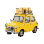 small 2 door yellow cartoon car, with some carrier on the roof and big boxes on that carrier
