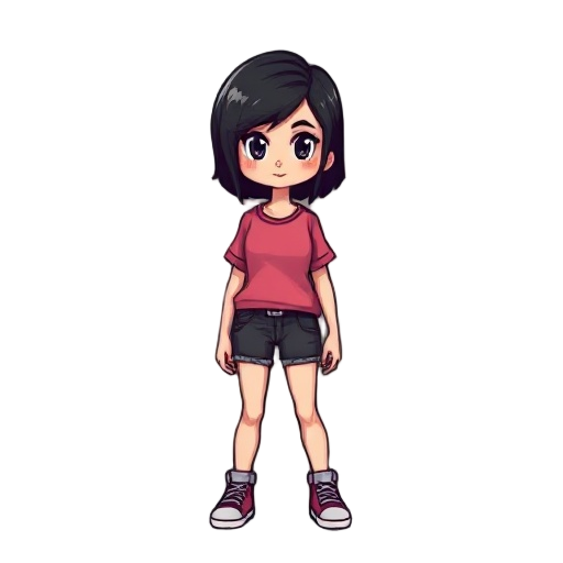 crie um sprite de uma menina sem rosto cabelo preto com uma camisa rosa estilo pixel parecido com esprites do jogo a casa de brinquedos do sr hop
