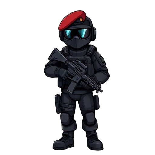 swat soldier in black body armour wearing a crimson beret carrying gun.