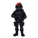 swat soldier in black body armour wearing a crimson beret carrying gun.