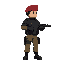 swat soldier in black body armour and khaki pants wearing a crimson beret carrying gun facing right.