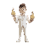person that hold a flamethower and has white suit and is a greedy person