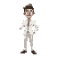 person that hold a flamethower and has white suit  and money glasses