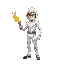 person that hold a flamethower and has white suit 