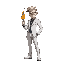 person that hold a flamethower and has white suit 
