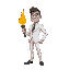 person that hold a flamethower and has white suit and is a greedy person
