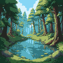 forest with pond in front as main focal point