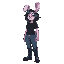 bunny girl, female, anthro, purple fur, black hair, red eyes, smiling, black t-shirt, blue pants, black shoes,
