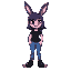 bunny girl, female, anthro, purple fur, black hair, red eyes, smiling, black t-shirt, blue pants, black shoes,