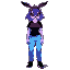 bunny girl, female, anthro, purple fur, black hair, red eyes, smiling, black t-shirt, blue pants, black shoes,