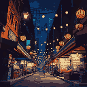 the image depicts a night scene of a market or street fair, in a city setting with the street at the base of the image.