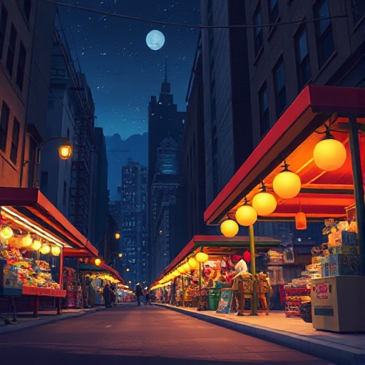 the image depicts a night scene of a market or street fair from the side, in a city setting with the street at the base of the image.